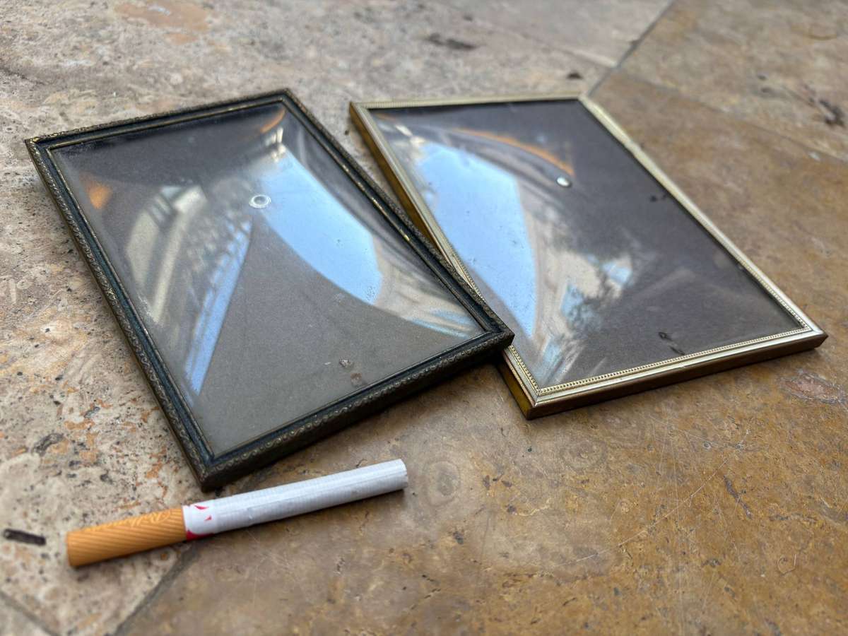 Vintage convex glass brass picture frame pair Danish design