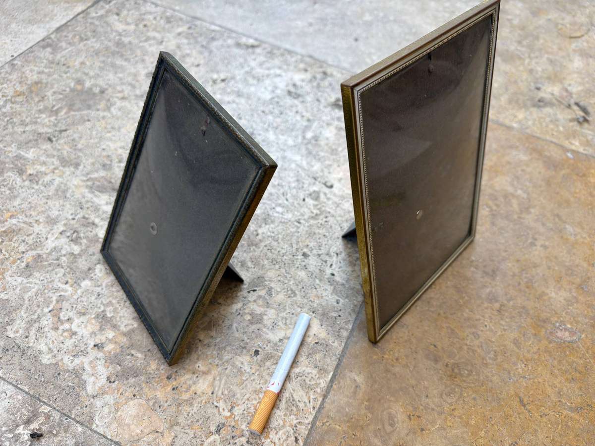 Vintage convex glass brass picture frame pair Danish design