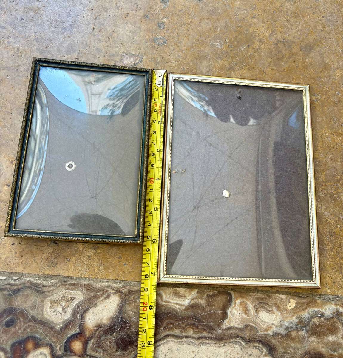 Vintage convex glass brass picture frame pair Danish design