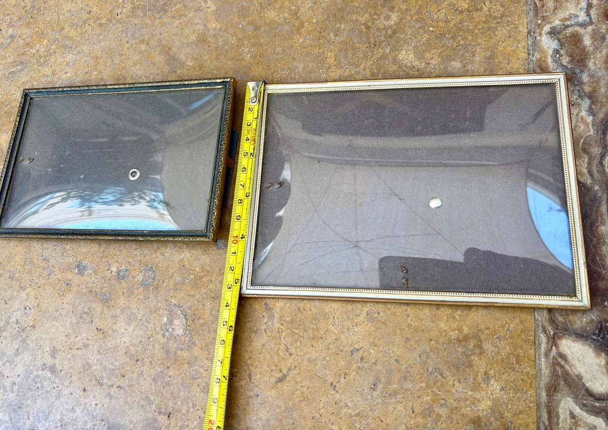 Vintage convex glass brass picture frame pair Danish design