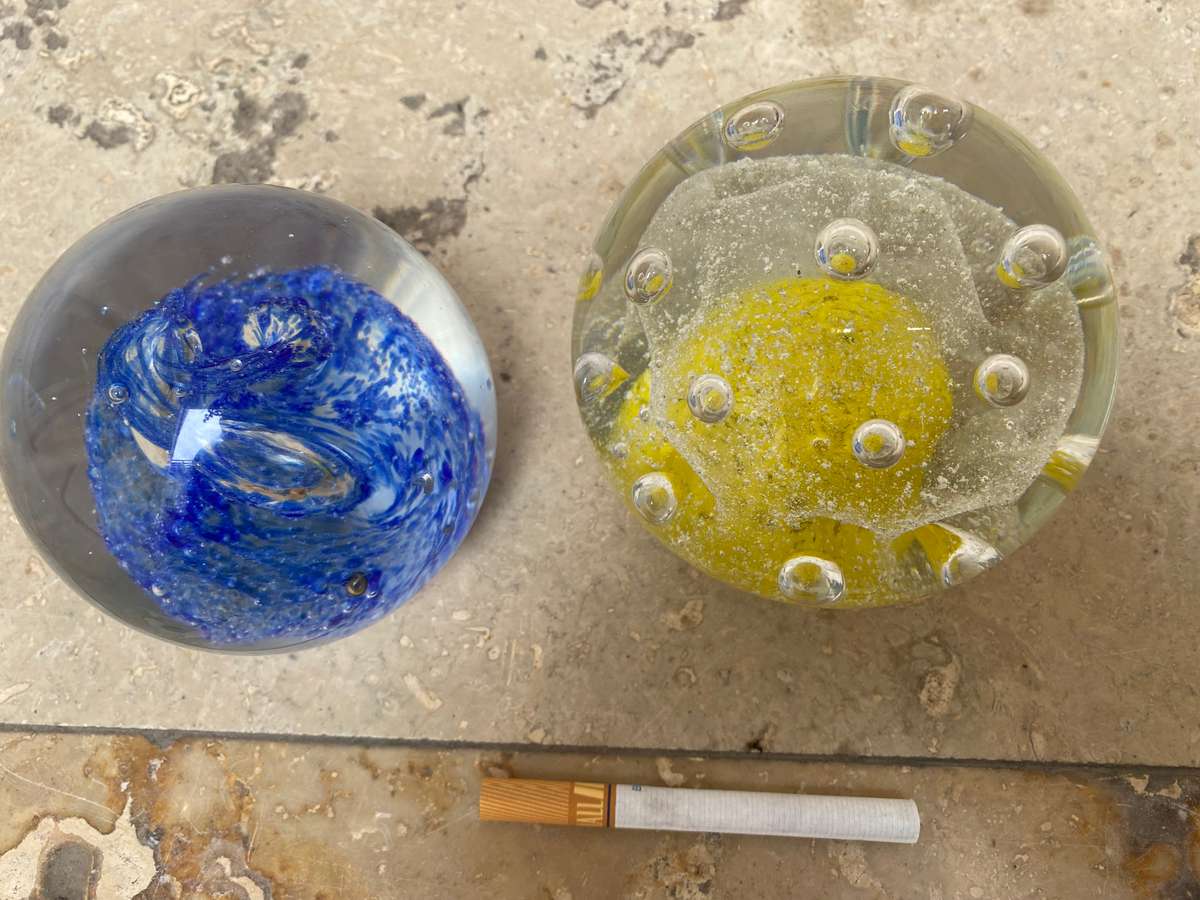 vintage Murano glass  paper weight paperweight pair bubbles Yellow and blue