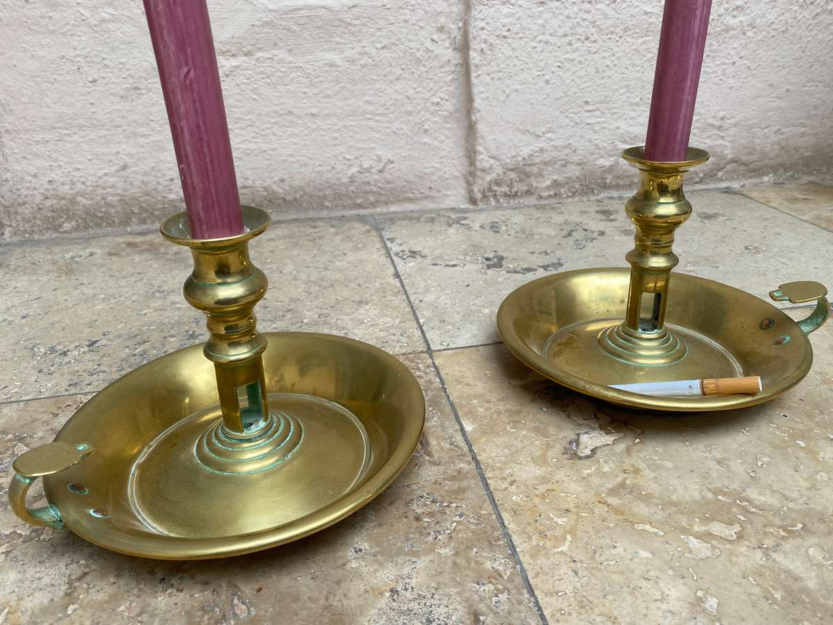 Vintage large brass chamberstick candle holder pair