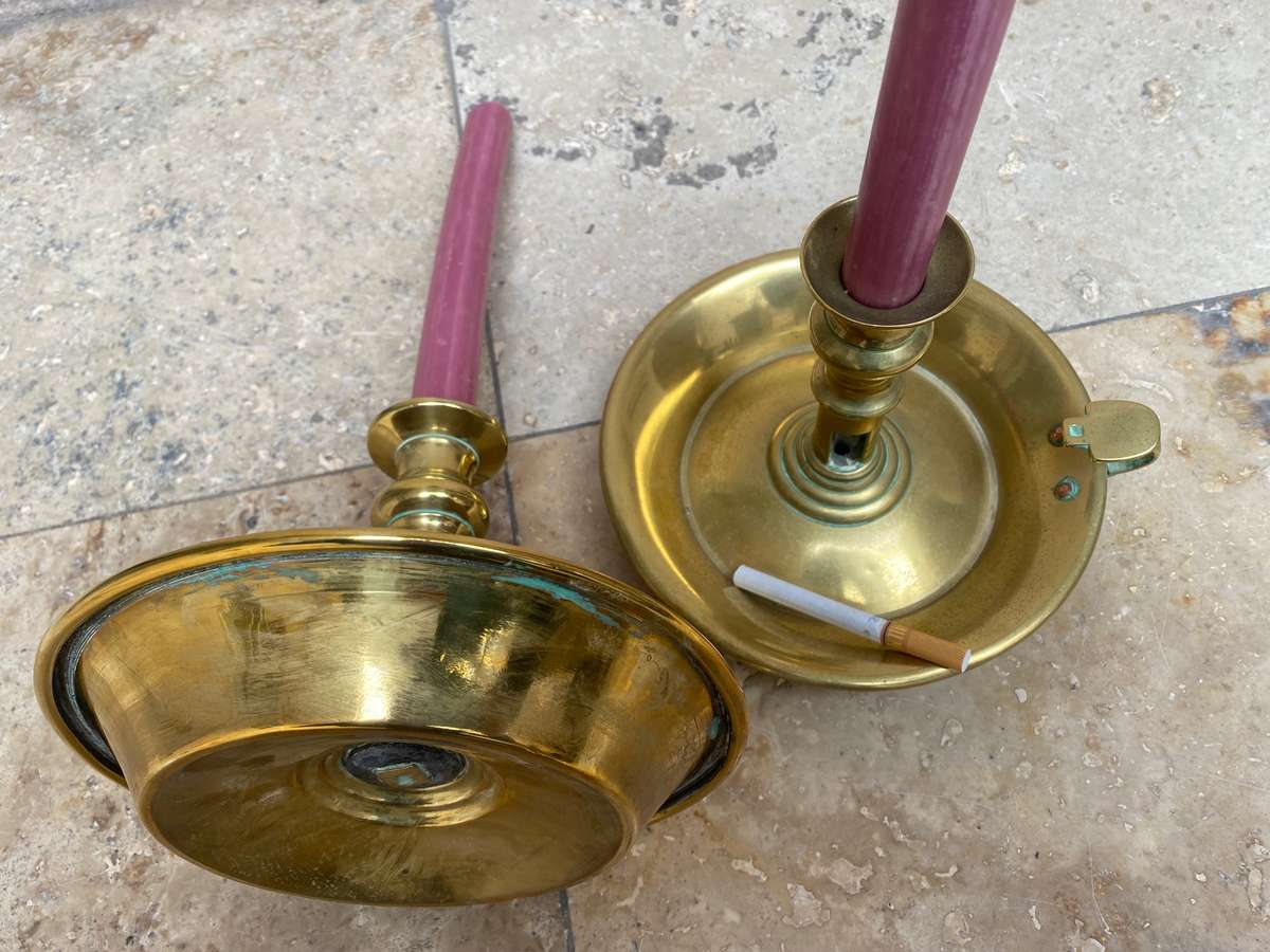 Vintage large brass chamberstick candle holder pair