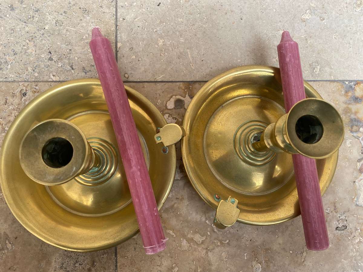 Vintage large brass chamberstick candle holder pair