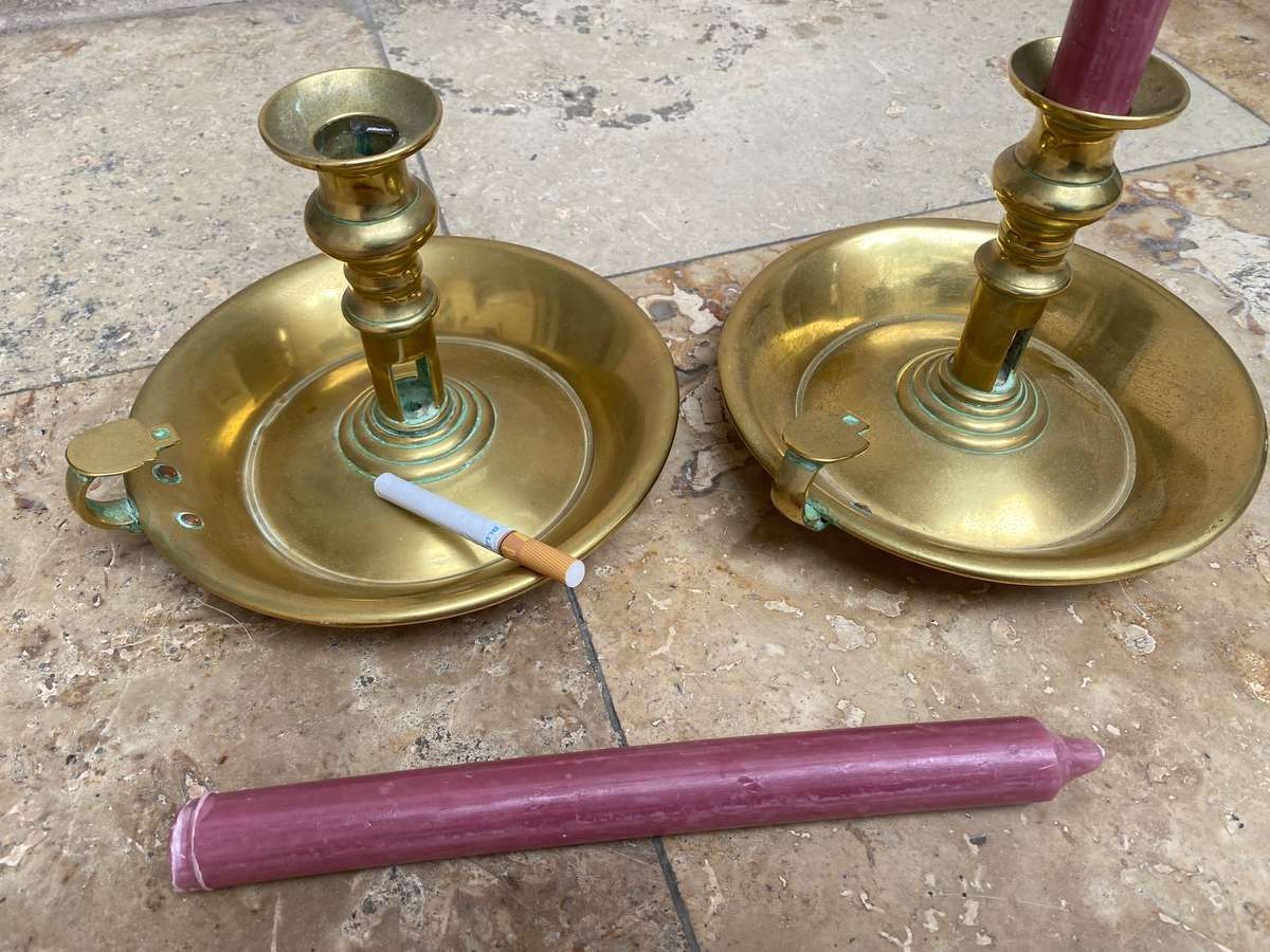 Vintage large brass chamberstick candle holder pair