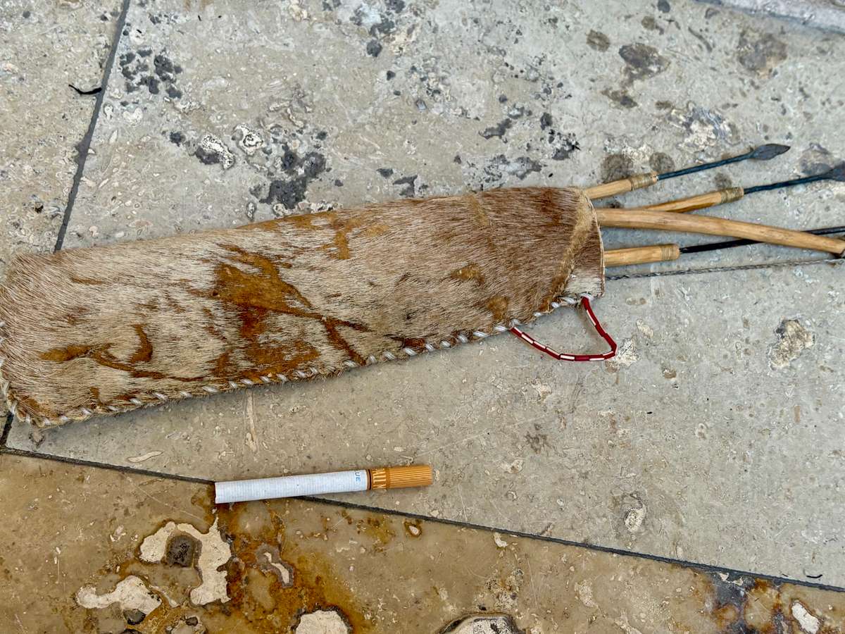 African bow and arrow set with skin hide bag 3 arrows