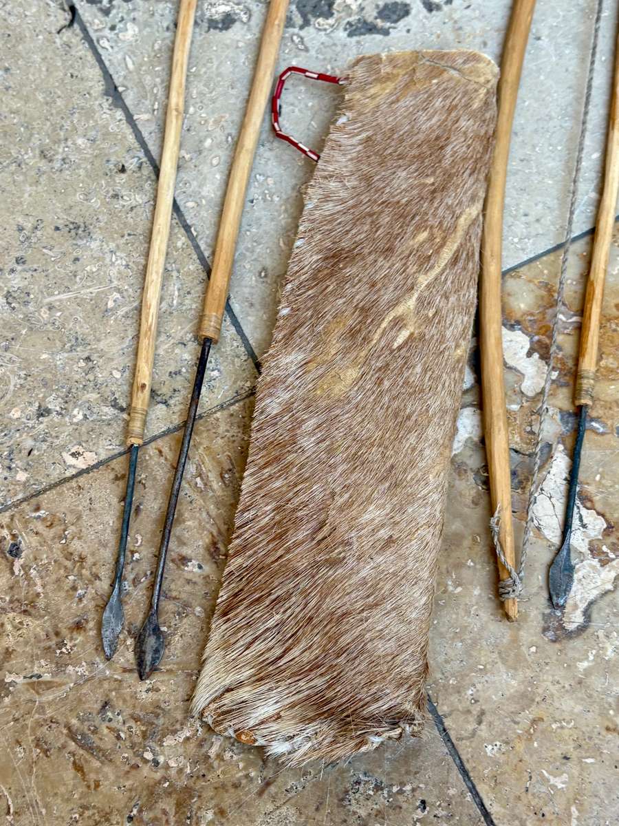 African bow and arrow set with skin hide bag 3 arrows