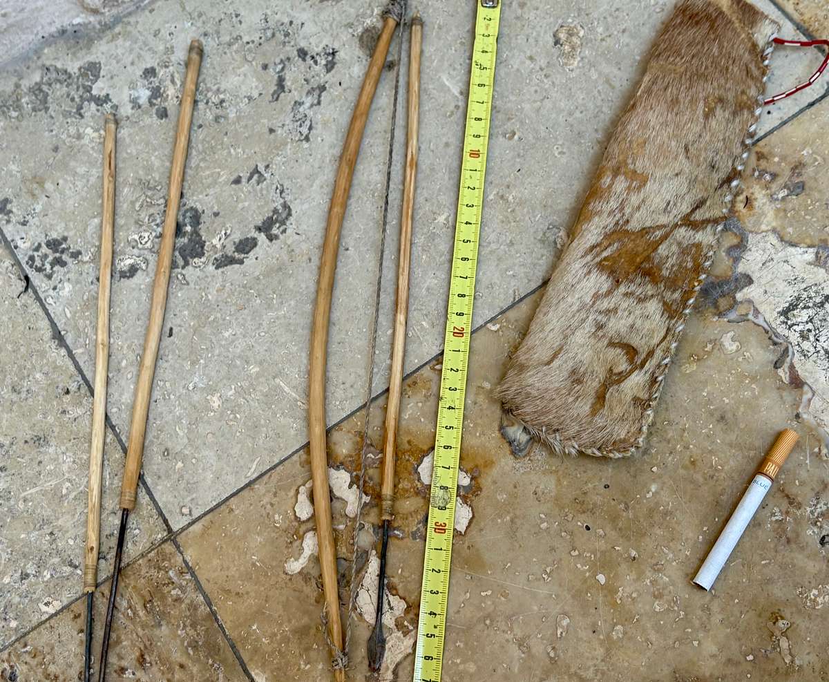 African bow and arrow set with skin hide bag 3 arrows