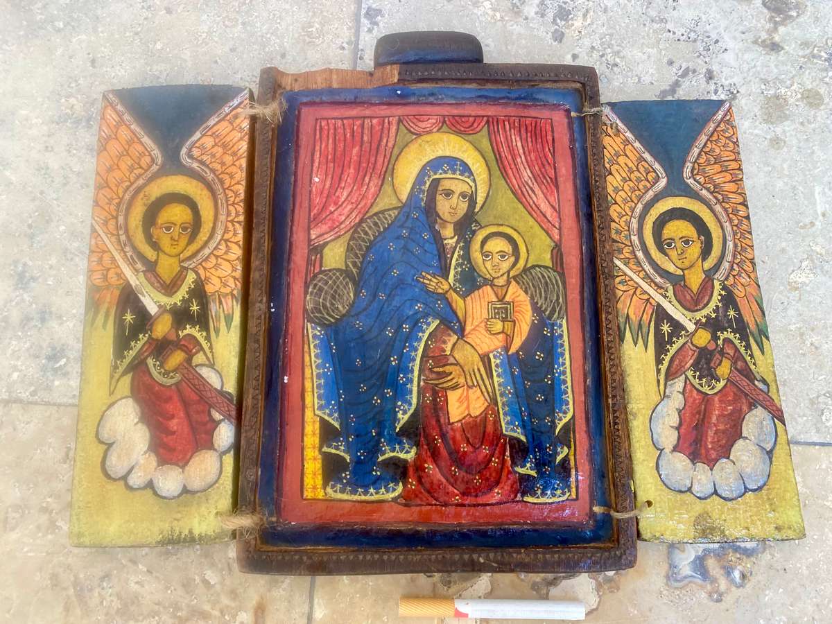 Vintage religious triptych wood carved Christian art