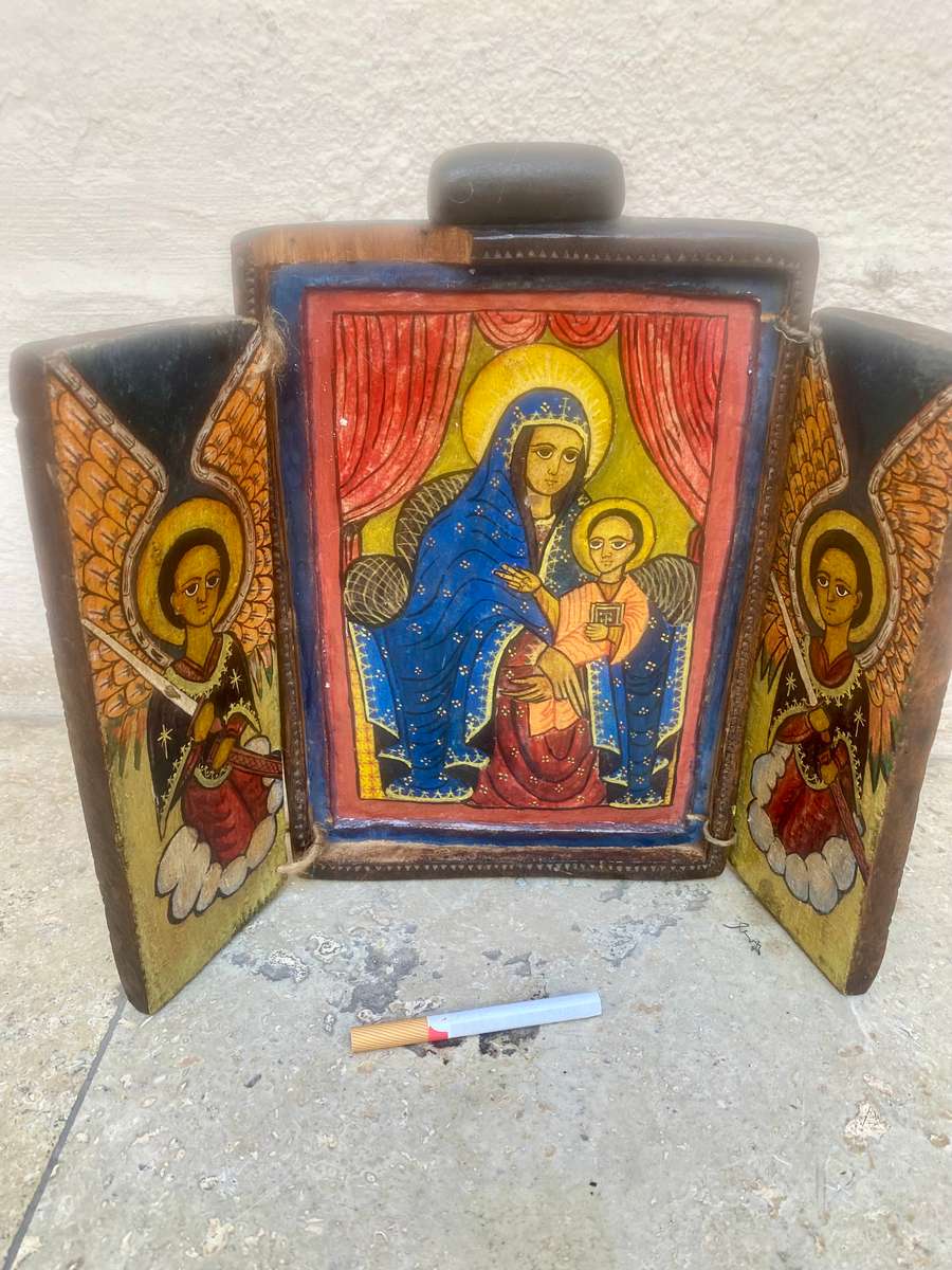 Vintage religious triptych wood carved Christian art