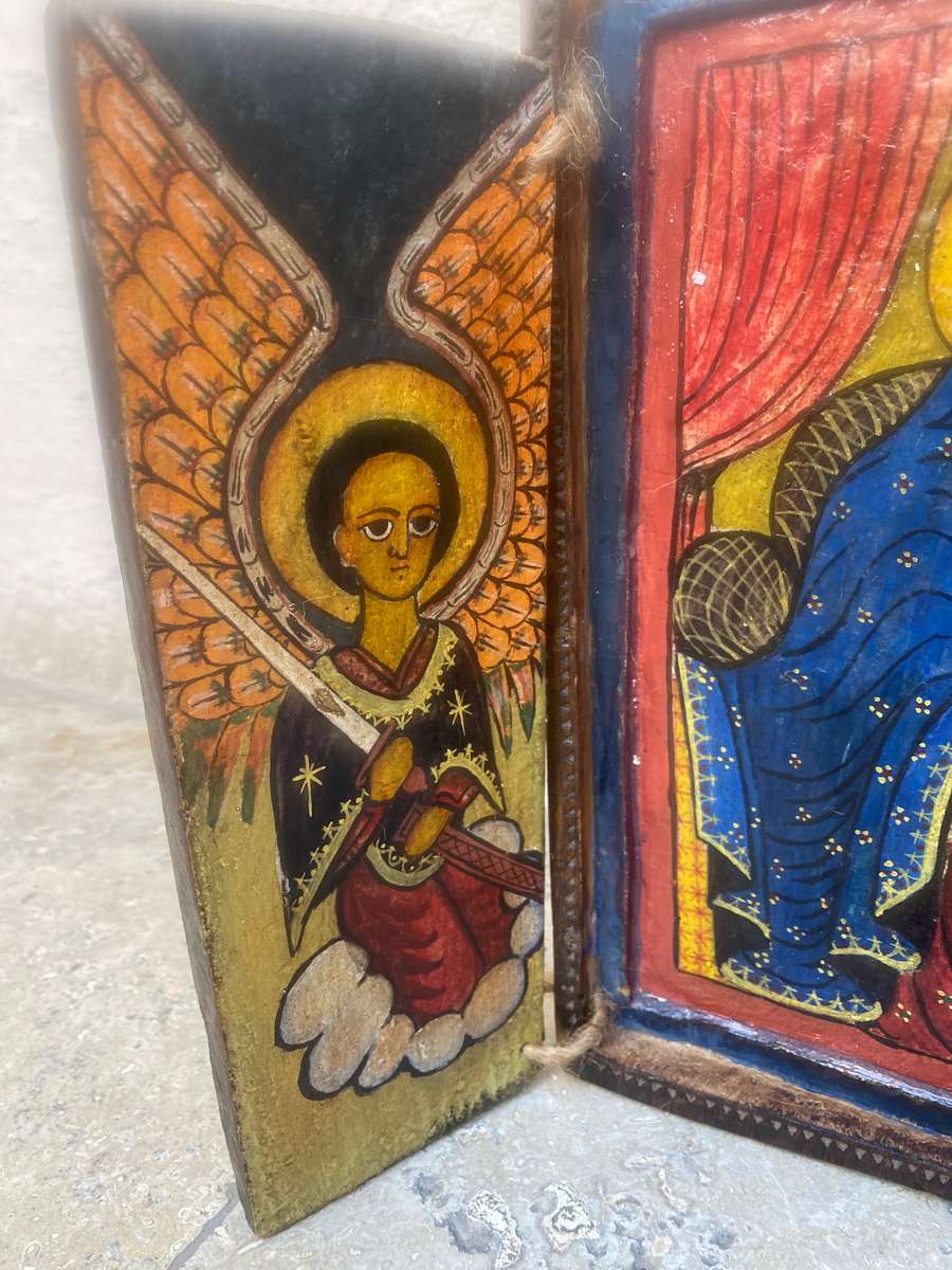 Vintage religious triptych wood carved Christian art