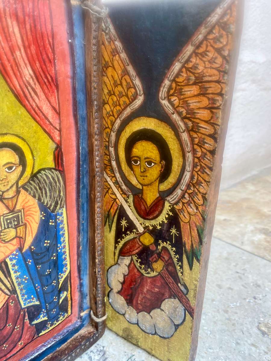 Vintage religious triptych wood carved Christian art