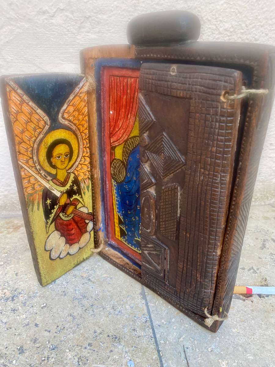 Vintage religious triptych wood carved Christian art