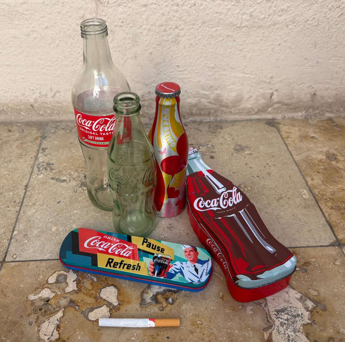 Vintage  coke bottle lot of 3 plus 2 coke tins