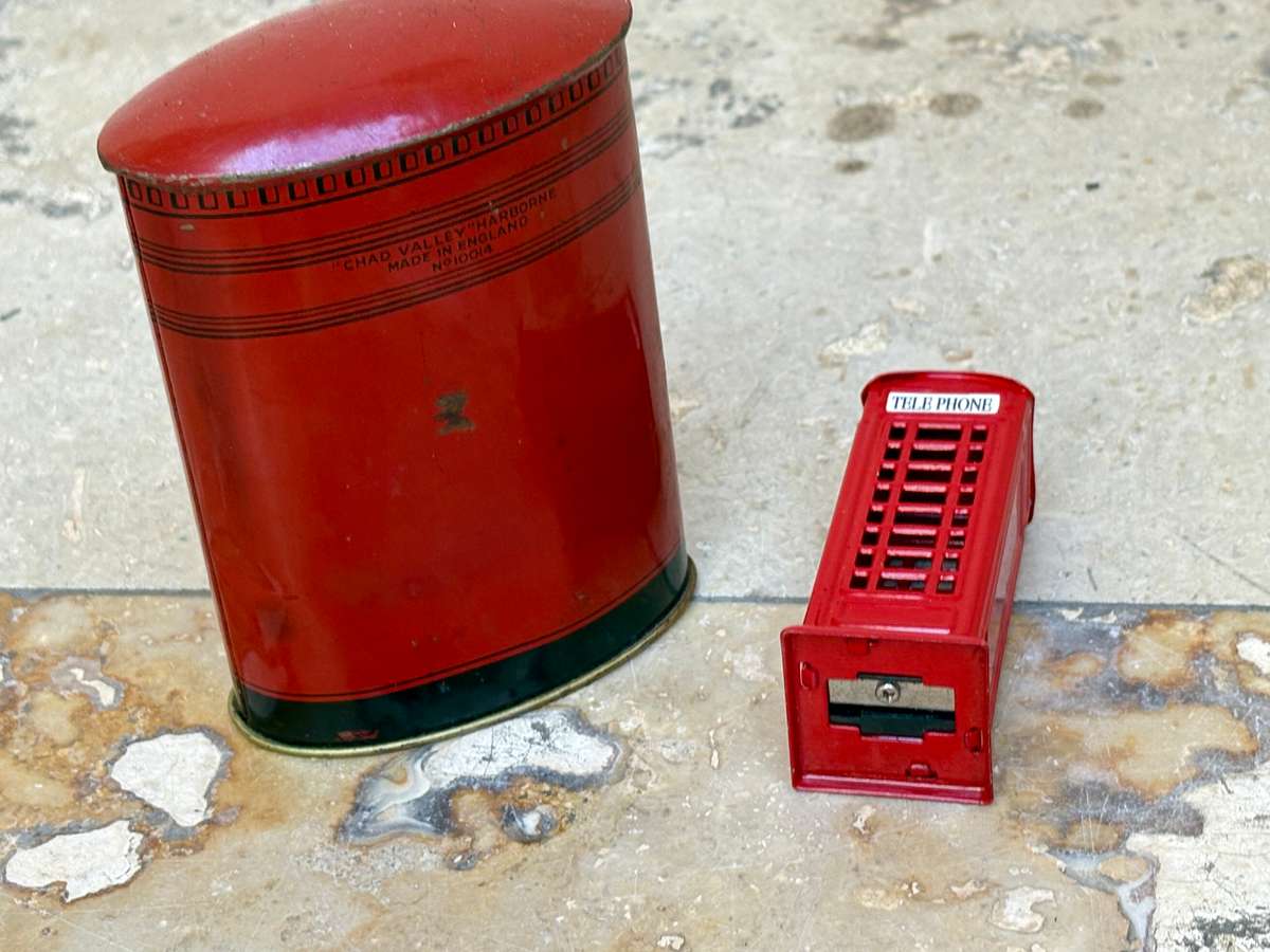 London telephone booth pencil sharpener die cast , with post box money box pair