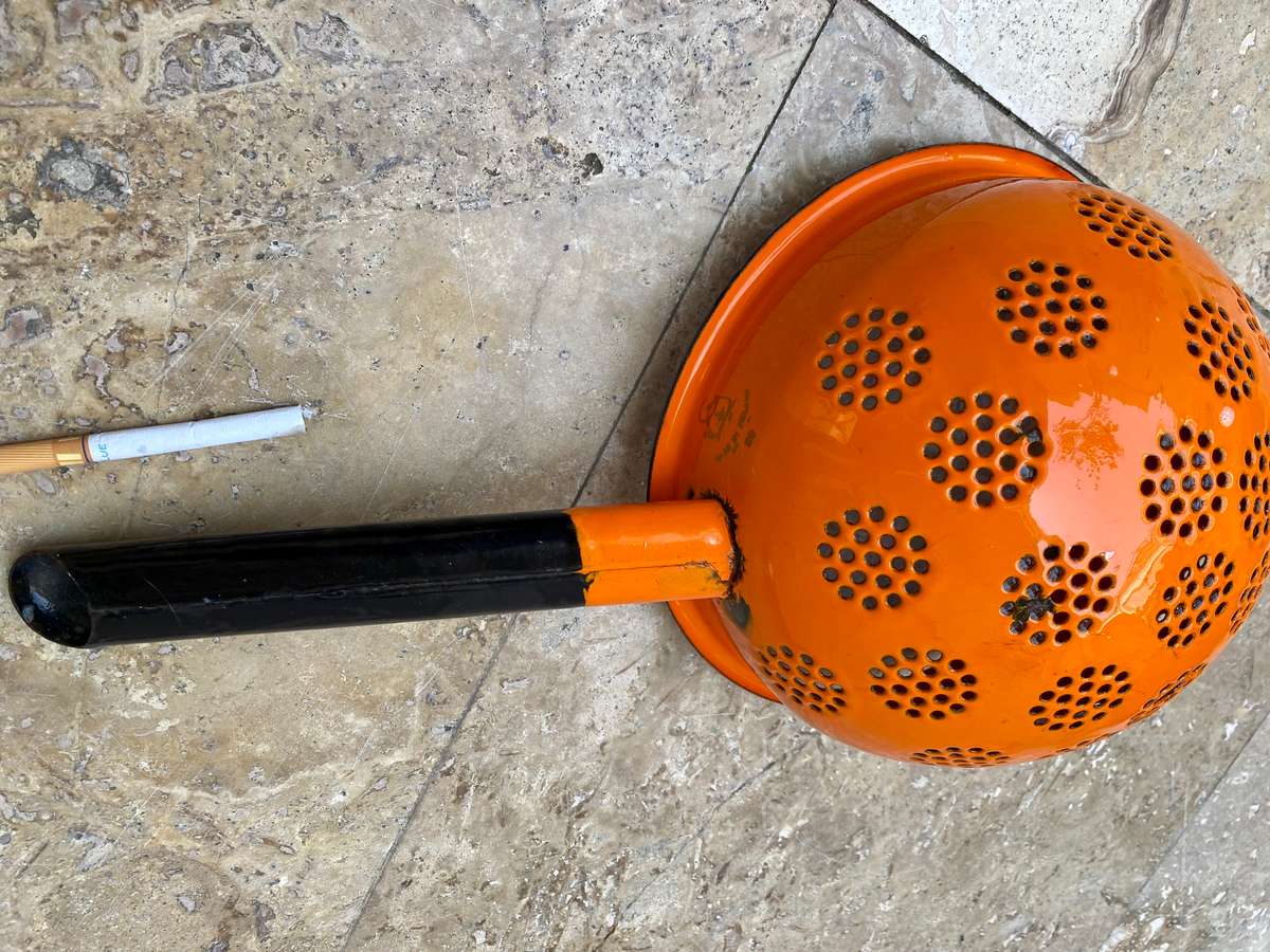 Vintage enamelled enamel strainer orange POLAND