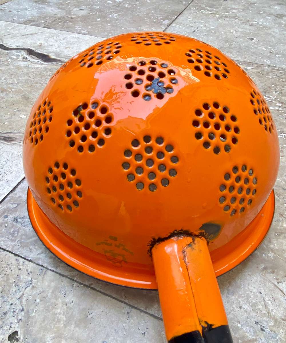 Vintage enamelled enamel strainer orange POLAND