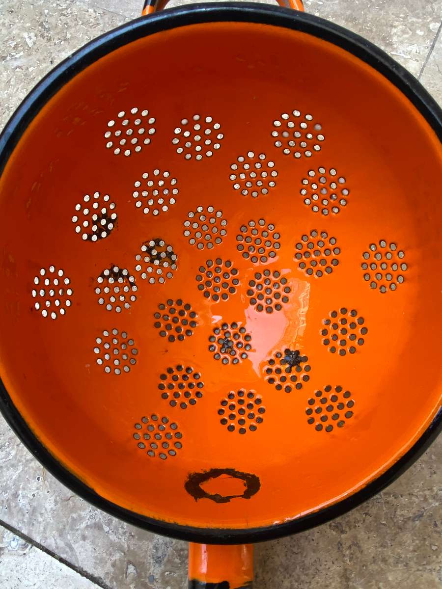 Vintage enamelled enamel strainer orange POLAND