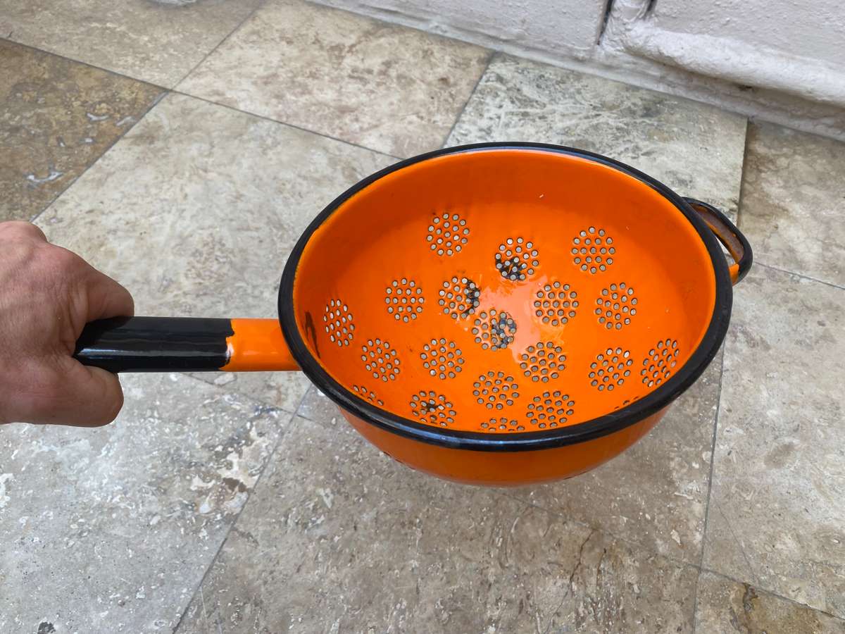 Vintage enamelled enamel strainer orange POLAND
