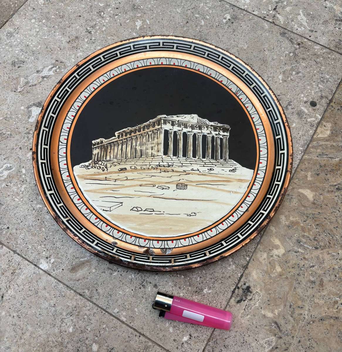 Vintage copper Greek wall plate Parthenon hand painted 29cm diameter