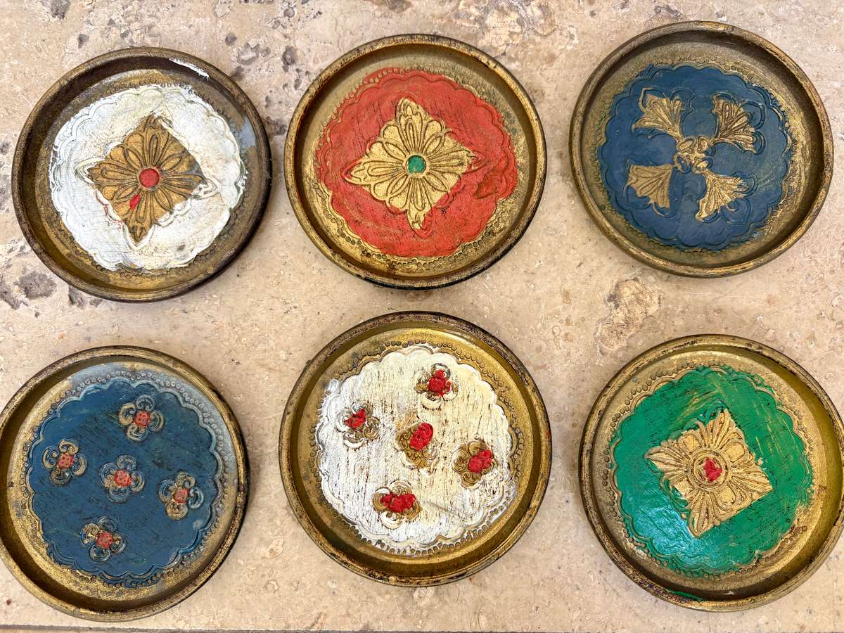 Vintage Italian florentine coaster set of 6 , hand painted Italy