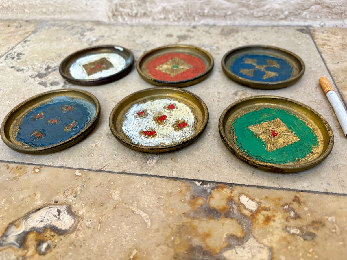 Vintage Italian florentine coaster set of 6 , hand painted Italy