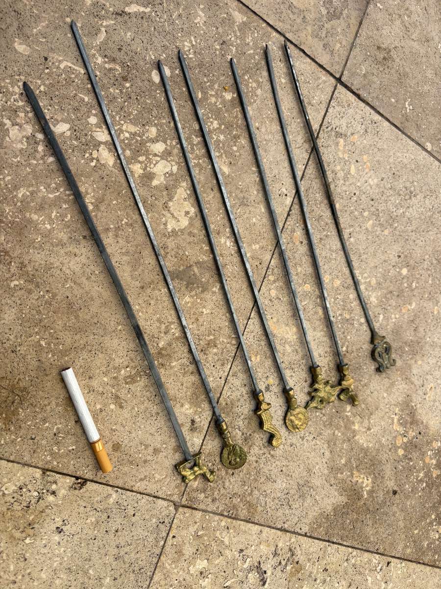 vintage stainless steel kebab skewers Roman Greek brass set of 7