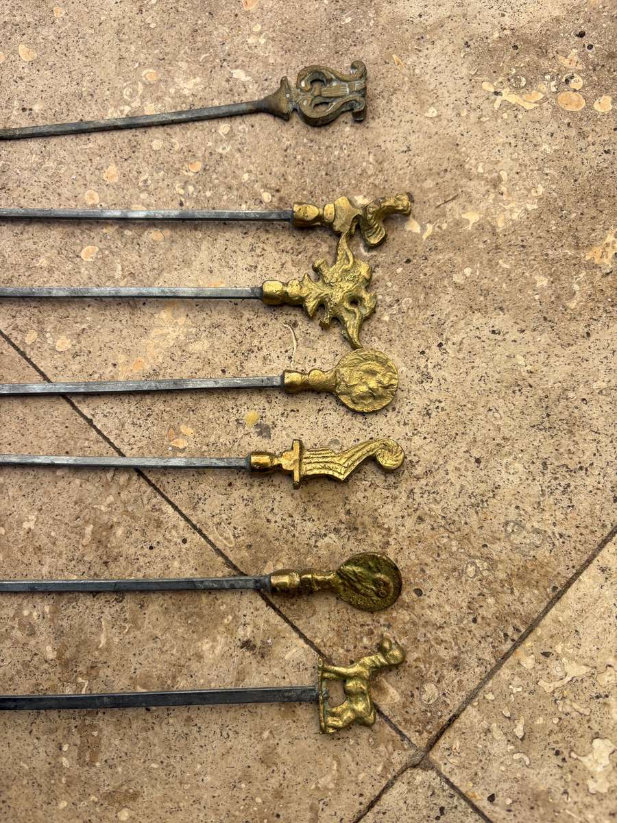 vintage stainless steel kebab skewers Roman Greek brass set of 7