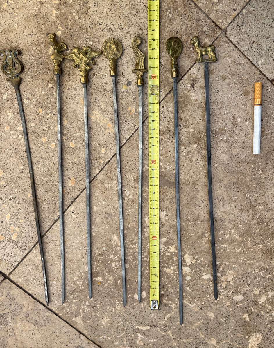 vintage stainless steel kebab skewers Roman Greek brass set of 7