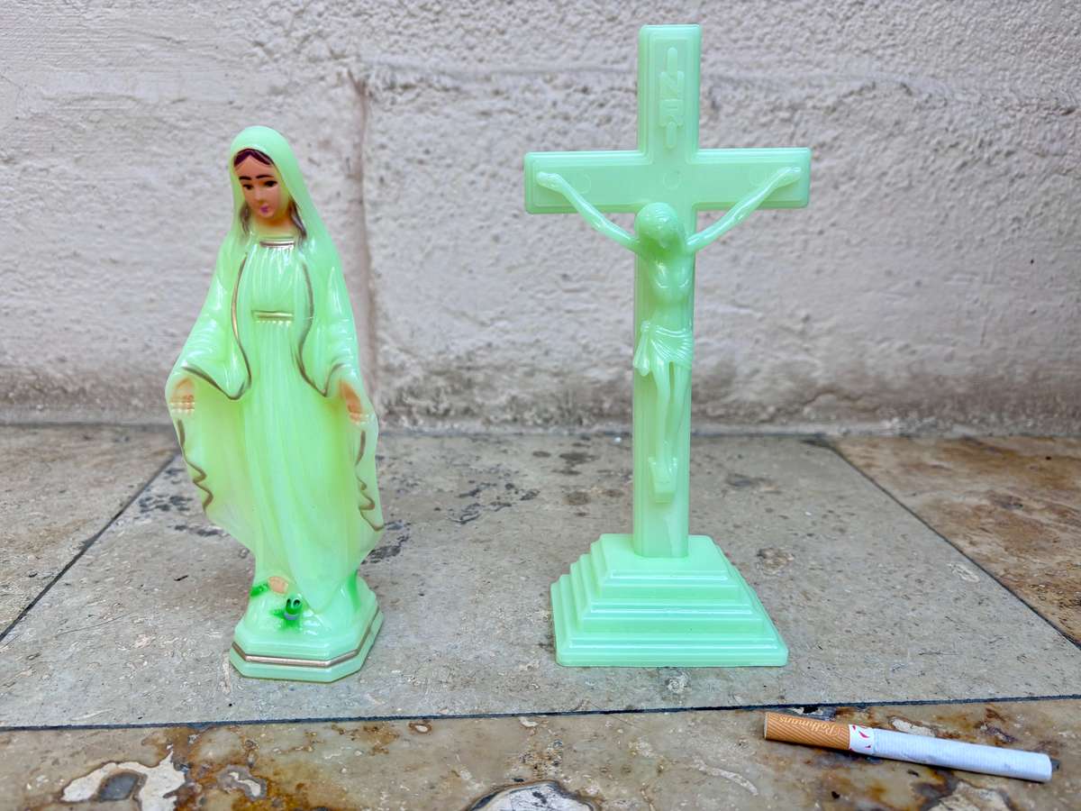Luminous crucifix +  mother Virgin Mary figure pair