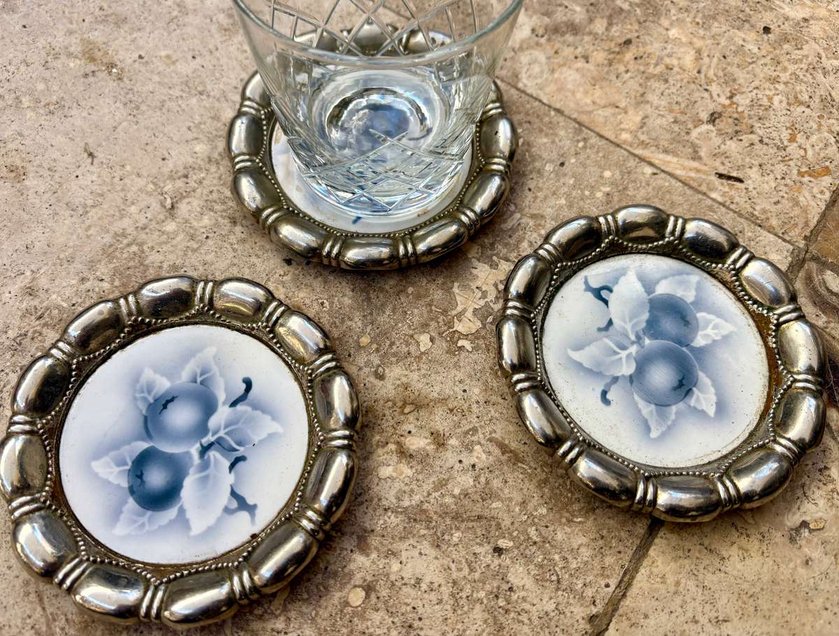 Art Nouveau ceramic coaster set of 3 feature plum numbered