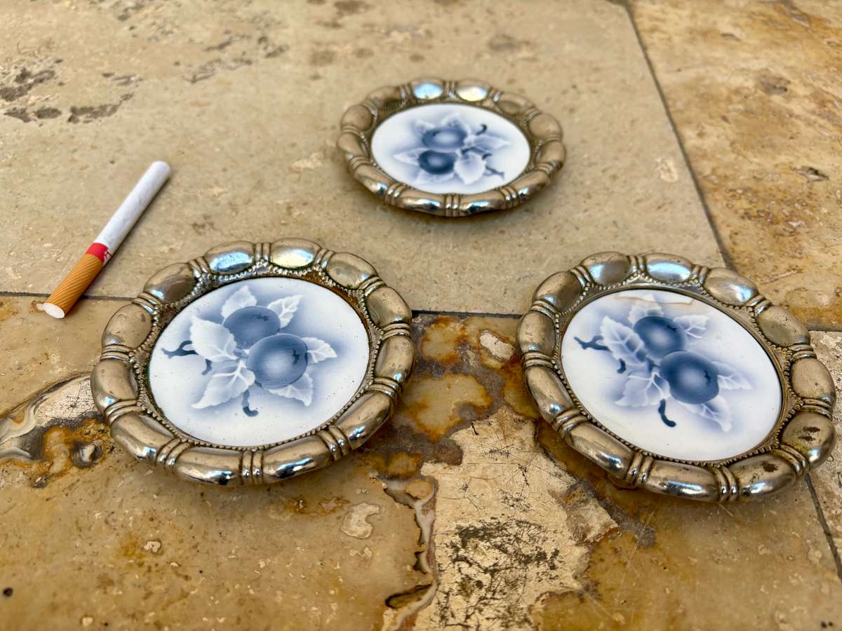 Art Nouveau ceramic coaster set of 3 feature plum numbered