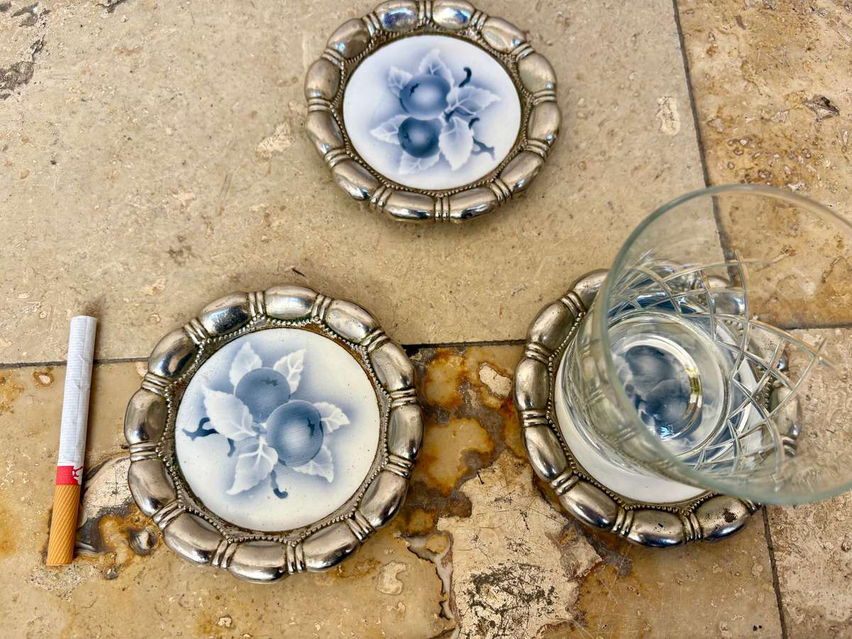 Art Nouveau ceramic coaster set of 3 feature plum numbered