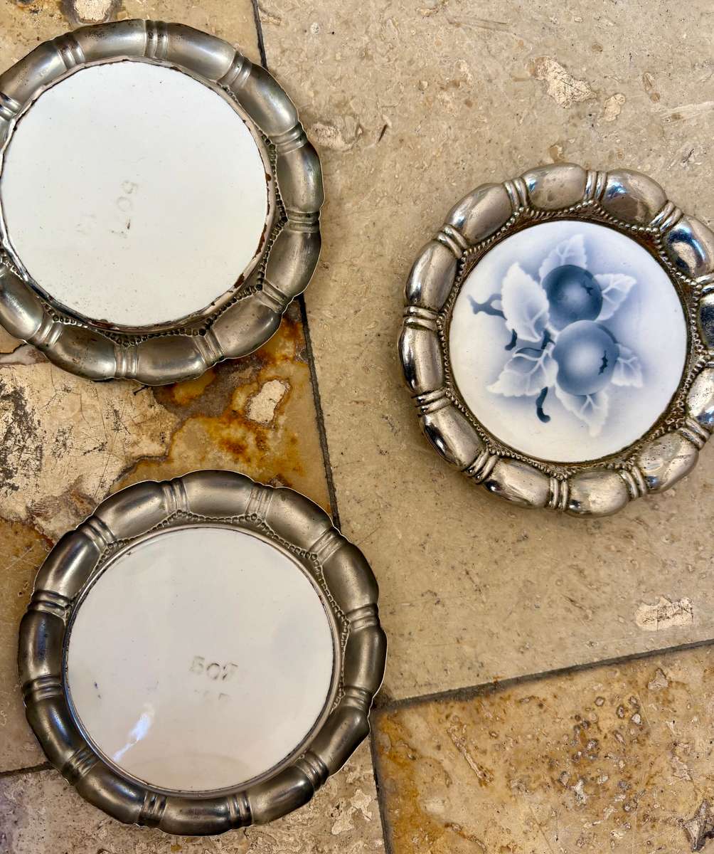 Art Nouveau ceramic coaster set of 3 feature plum numbered