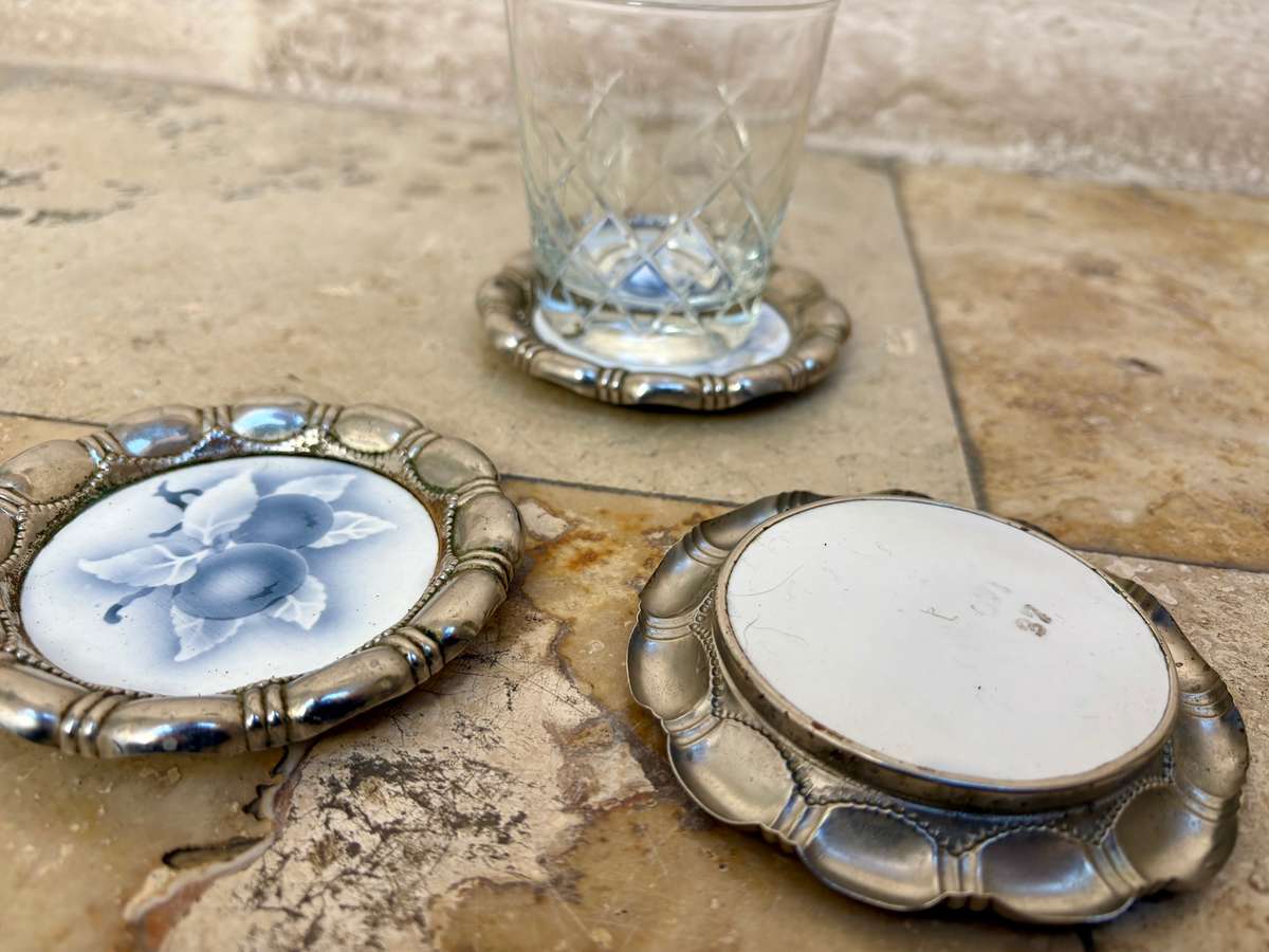 Art Nouveau ceramic coaster set of 3 feature plum numbered