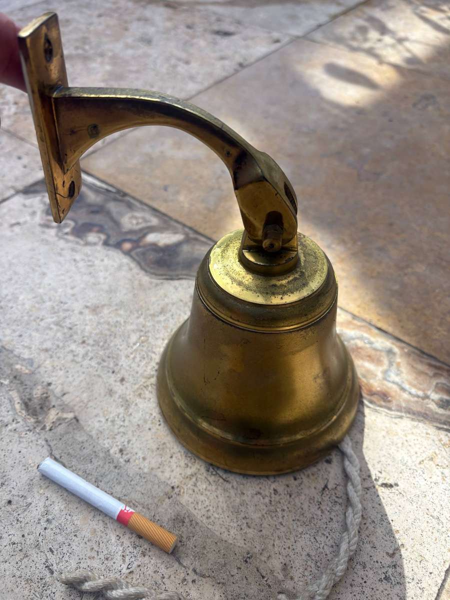 Vintage brass ships bell + wall mount bracket - maritime nautical