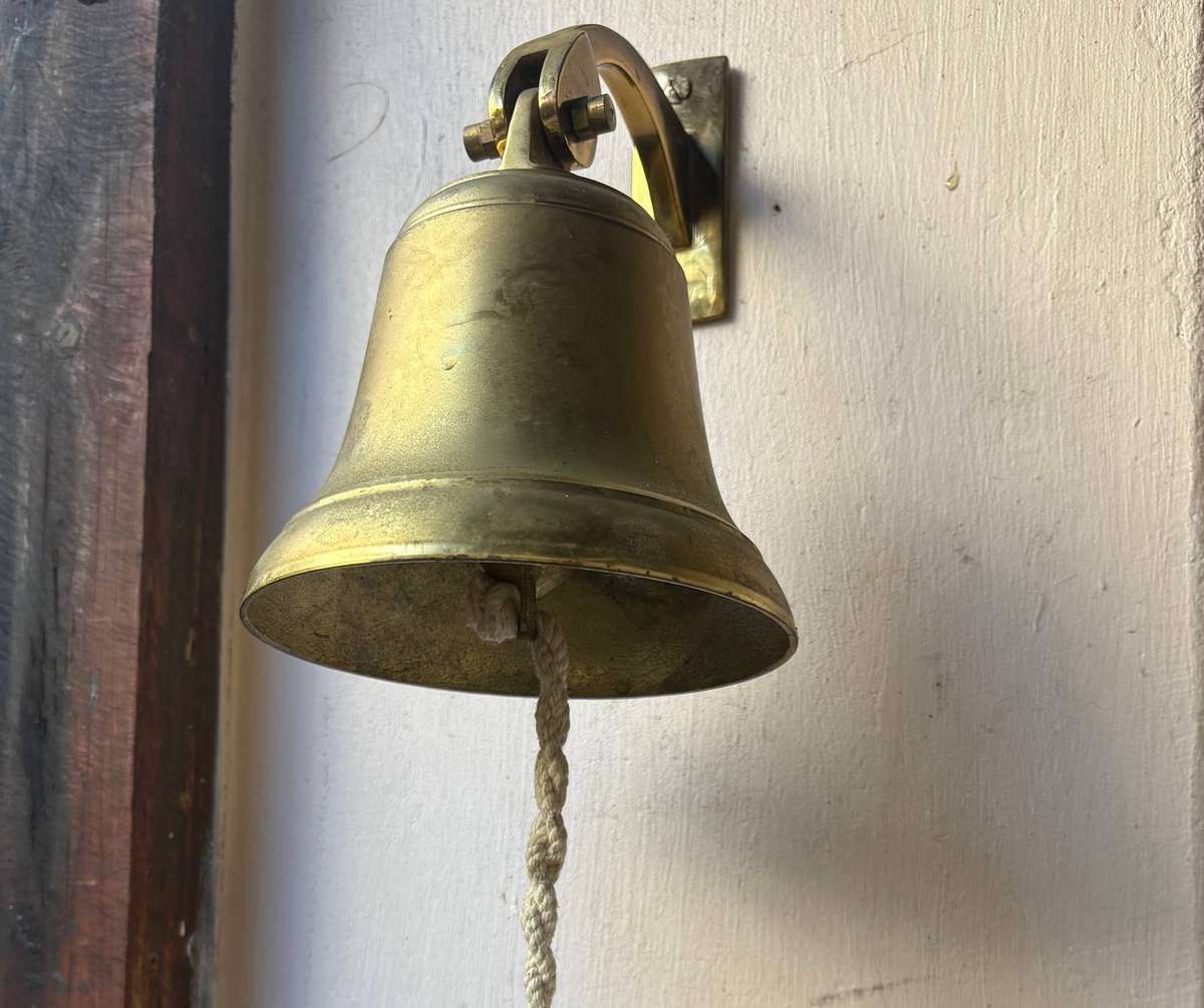 Vintage brass ships bell + wall mount bracket - maritime nautical