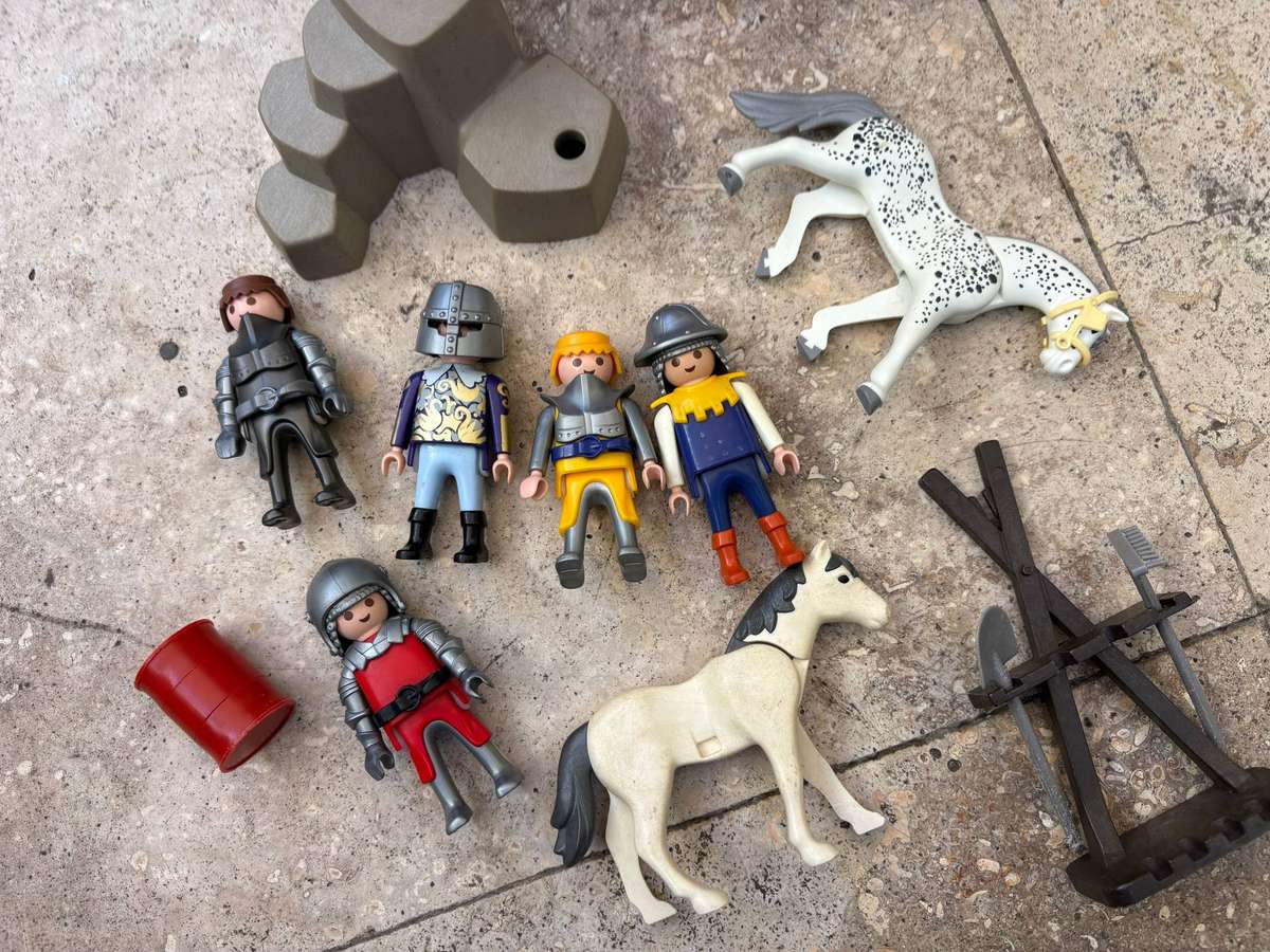 Vintage Playmobil medieval playset with 5 figures and 2 horses