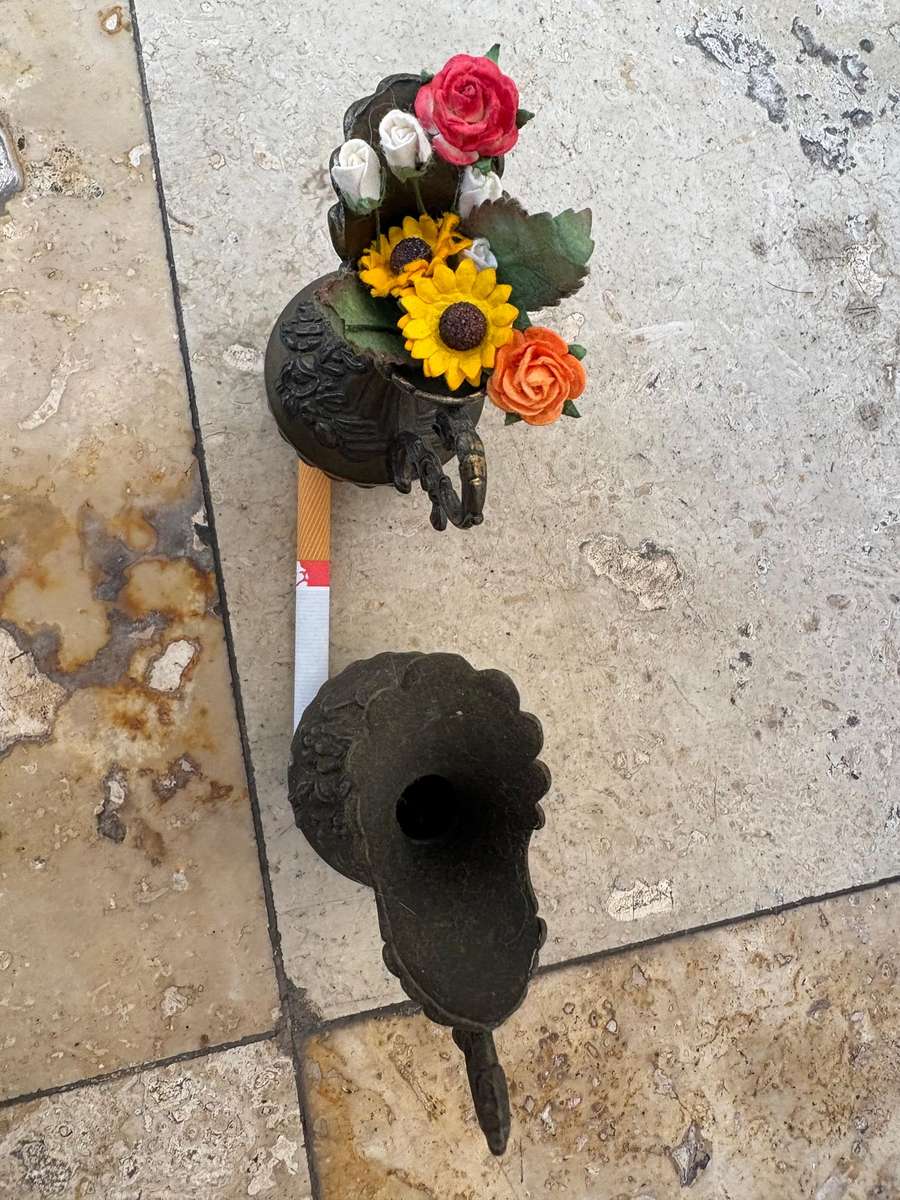 vintage brass floral  pitcher bud vase pair Italy