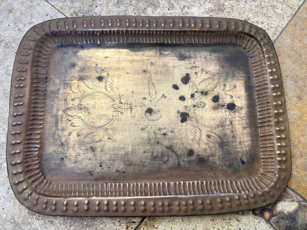Vintage Brass serving tray floral etching 27cm x 37 cm