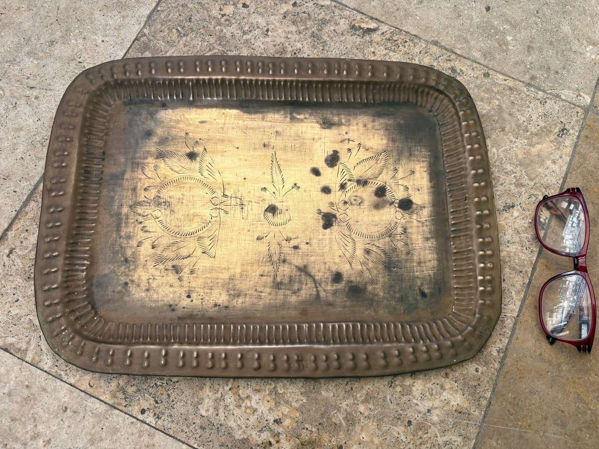 Vintage Brass serving tray floral etching 27cm x 37 cm
