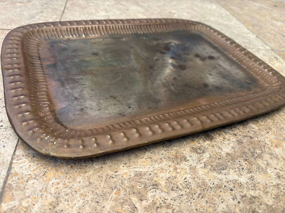 Vintage Brass serving tray floral etching 27cm x 37 cm