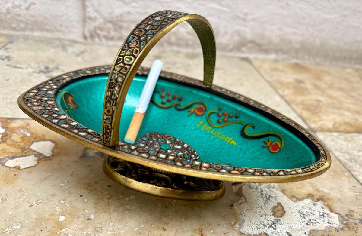 Vintage brass enamel bowl Israel Jerusalem footed