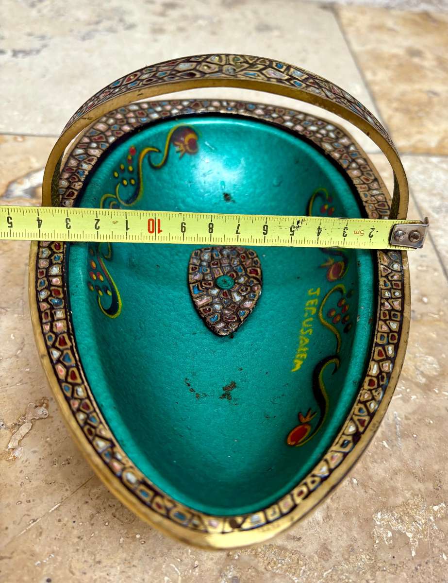 Vintage brass enamel bowl Israel Jerusalem footed