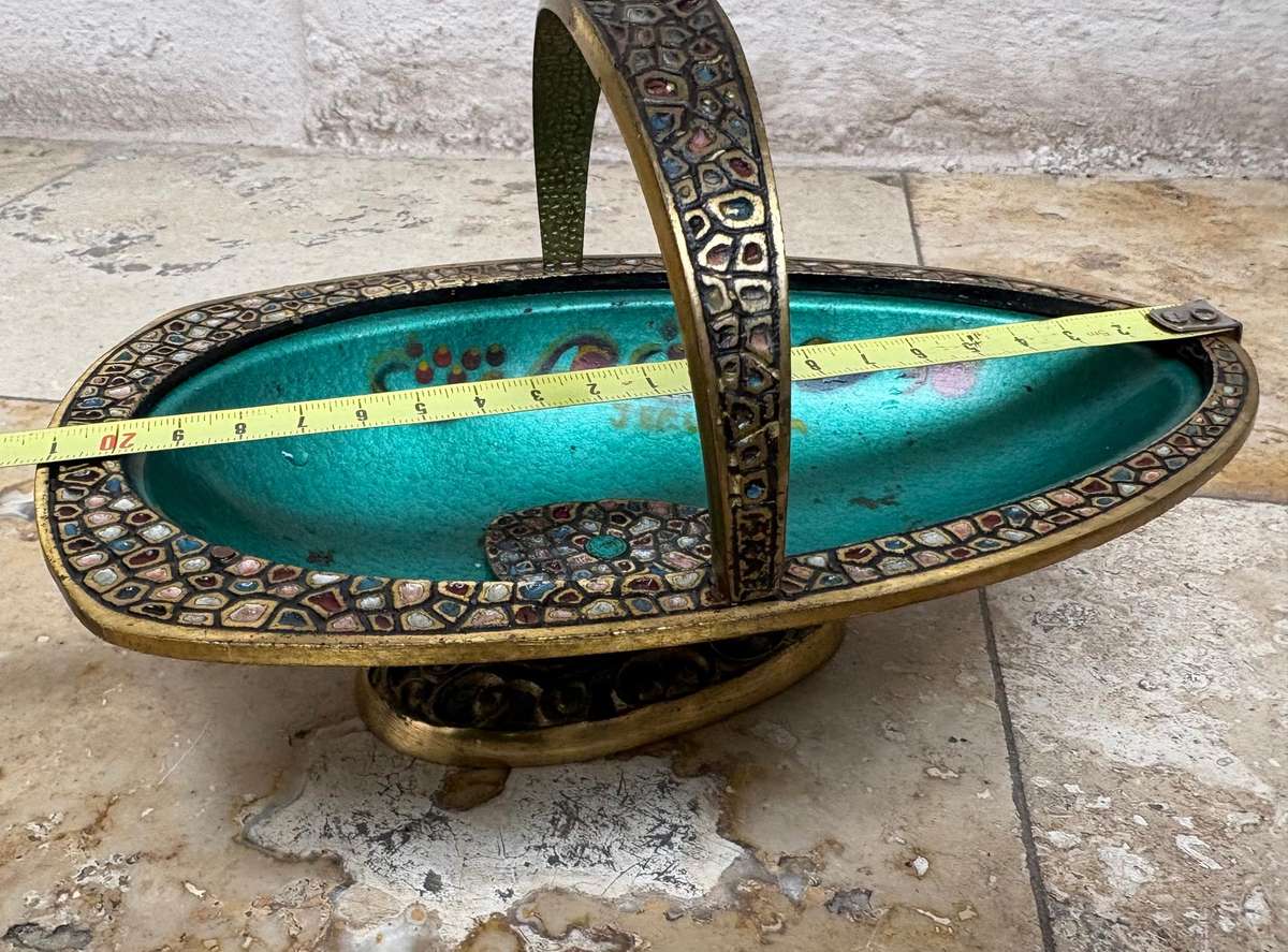Vintage brass enamel bowl Israel Jerusalem footed