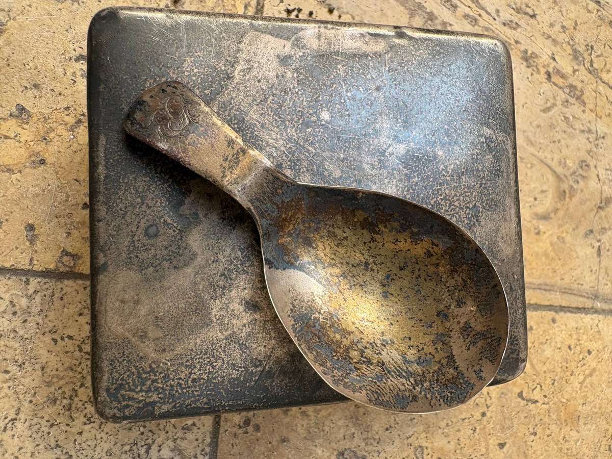 Antique Sterling silver tea caddy box and spoon set Birmingham 1906 1907