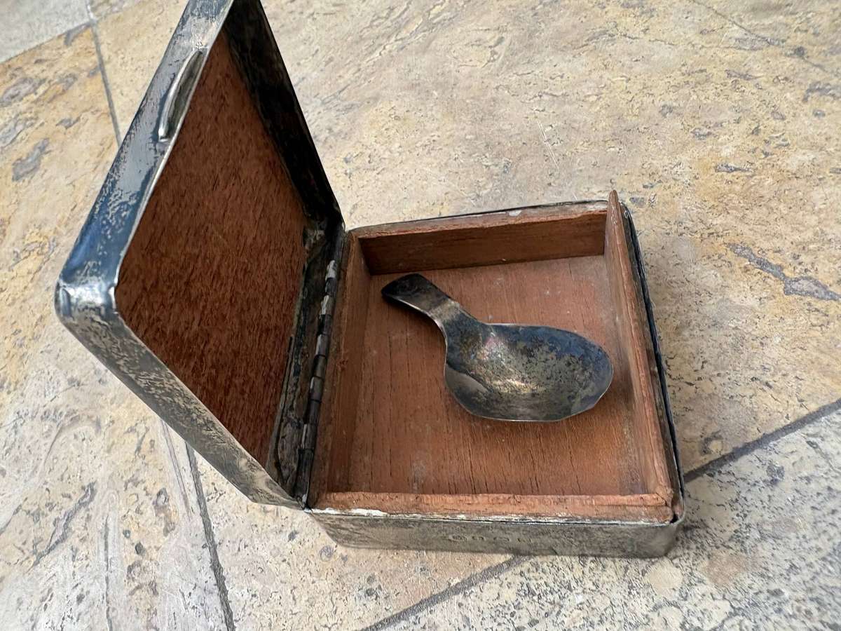 Antique Sterling silver tea caddy box and spoon set Birmingham 1906 1907
