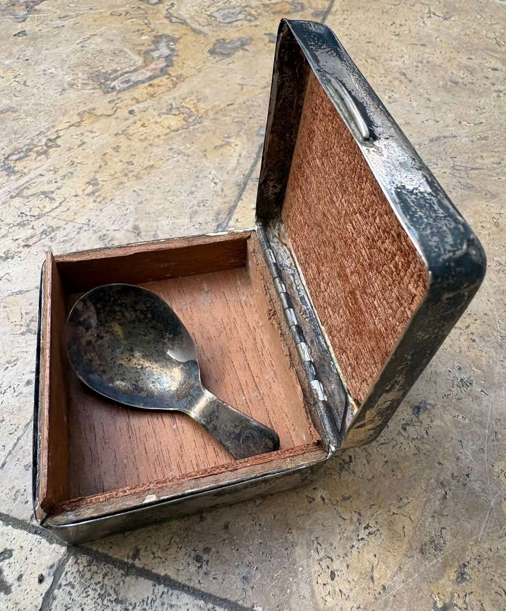 Antique Sterling silver tea caddy box and spoon set Birmingham 1906 1907