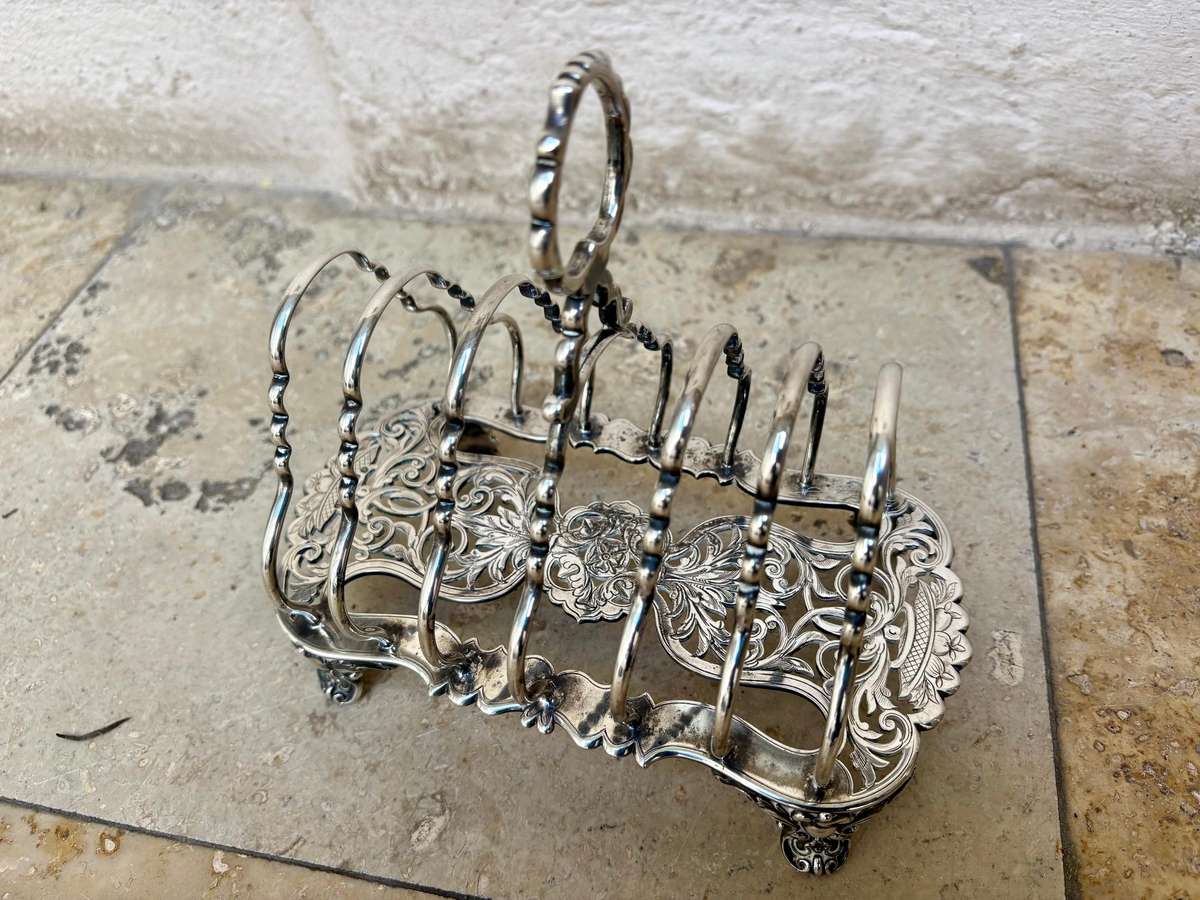 Antique silver plate footed toast rack ornate numbered and hallmarked