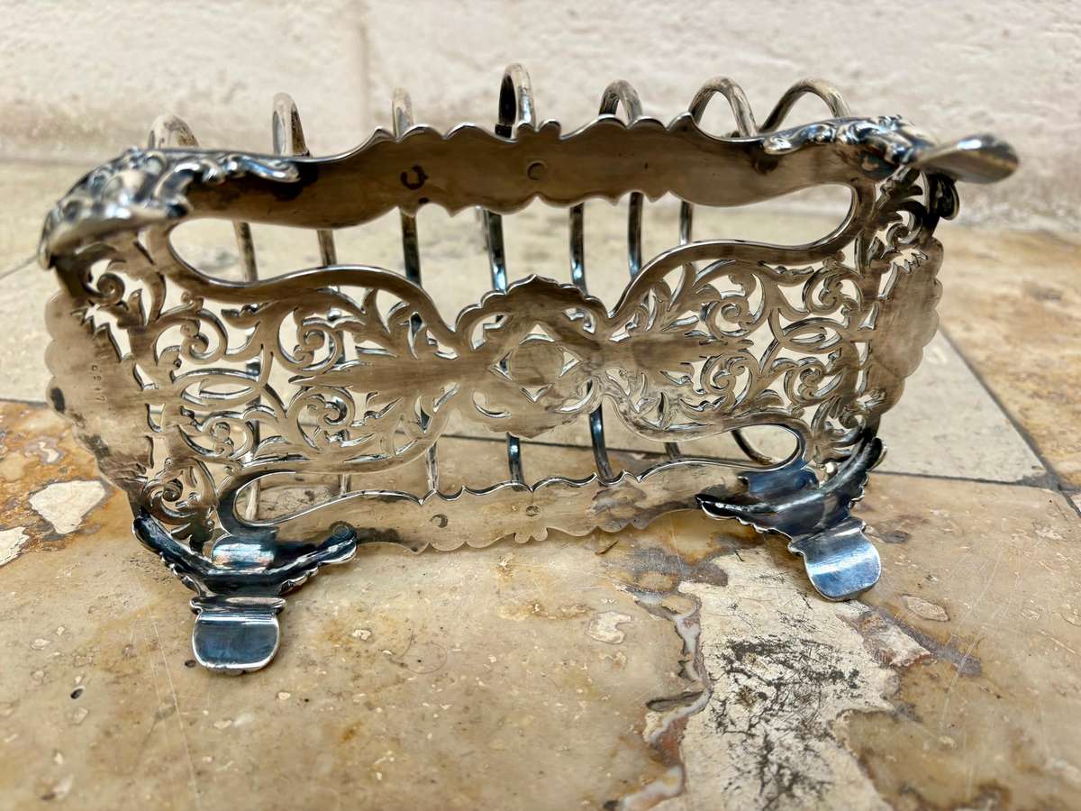 Antique silver plate footed toast rack ornate numbered and hallmarked